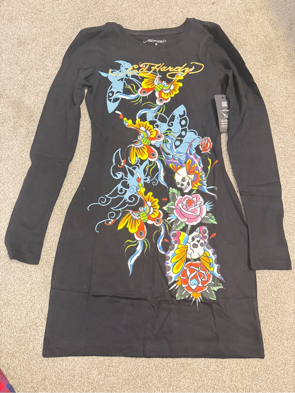 Ed Hardy Black Long-Sleeve Tattoo Floral Graphic Dress